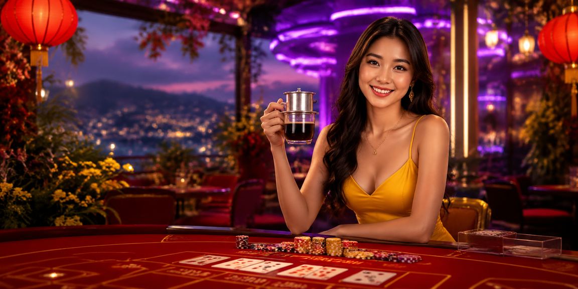 Người chơi đăng nhập tài khoản baccarat trực tuyến tại Đà Lạt với ly cà phê