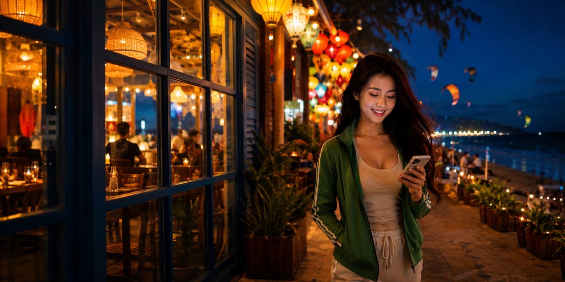 Người dùng đăng ký tài khoản casino trên điện thoại di động tại bãi biển Mũi Né